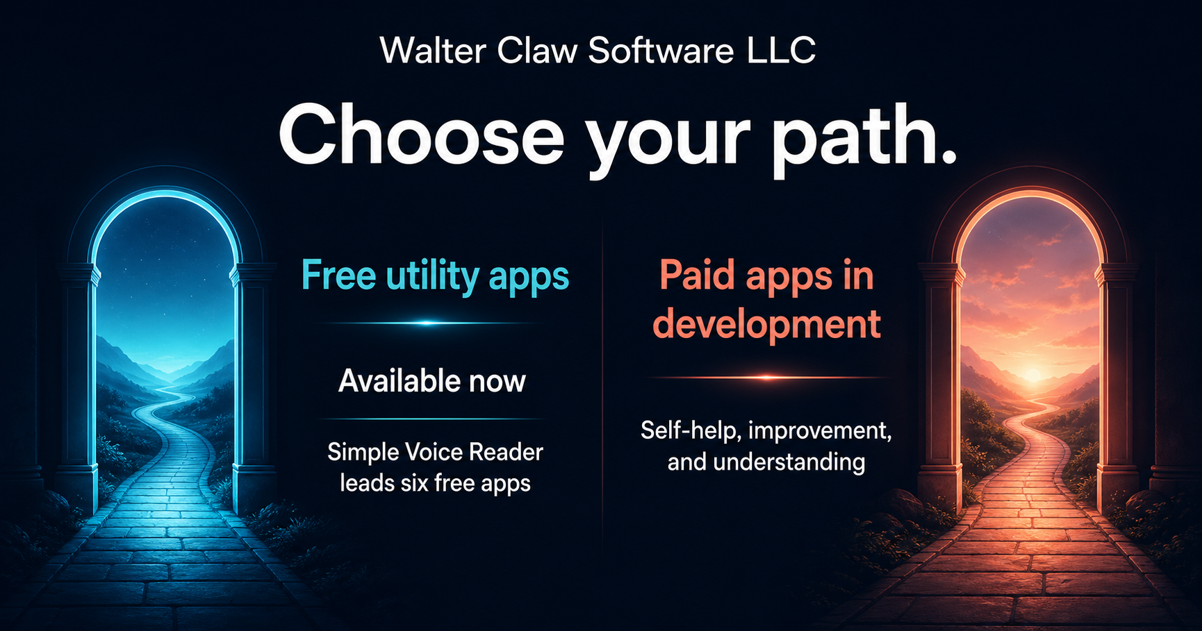 Two illuminated paths: a blue doorway for free utility apps and an orange doorway for paid apps in development.