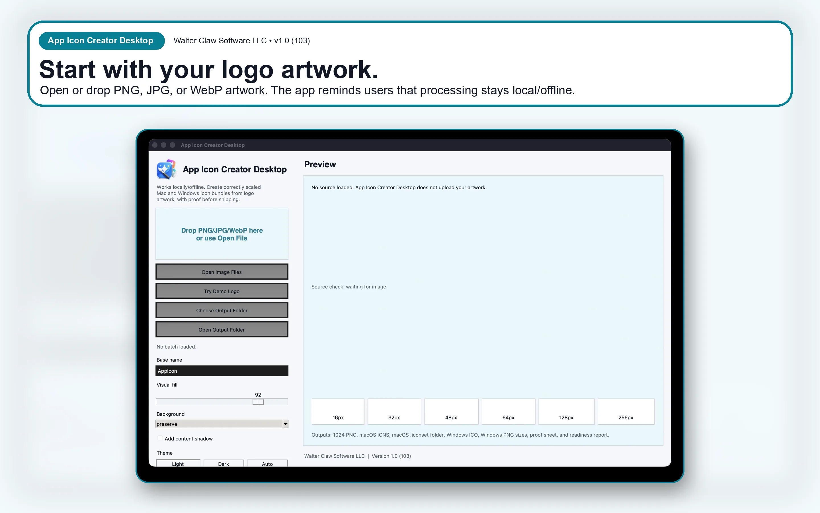 App Icon Creator Desktop start screen showing a local artwork drop area, export controls, and empty preview state.