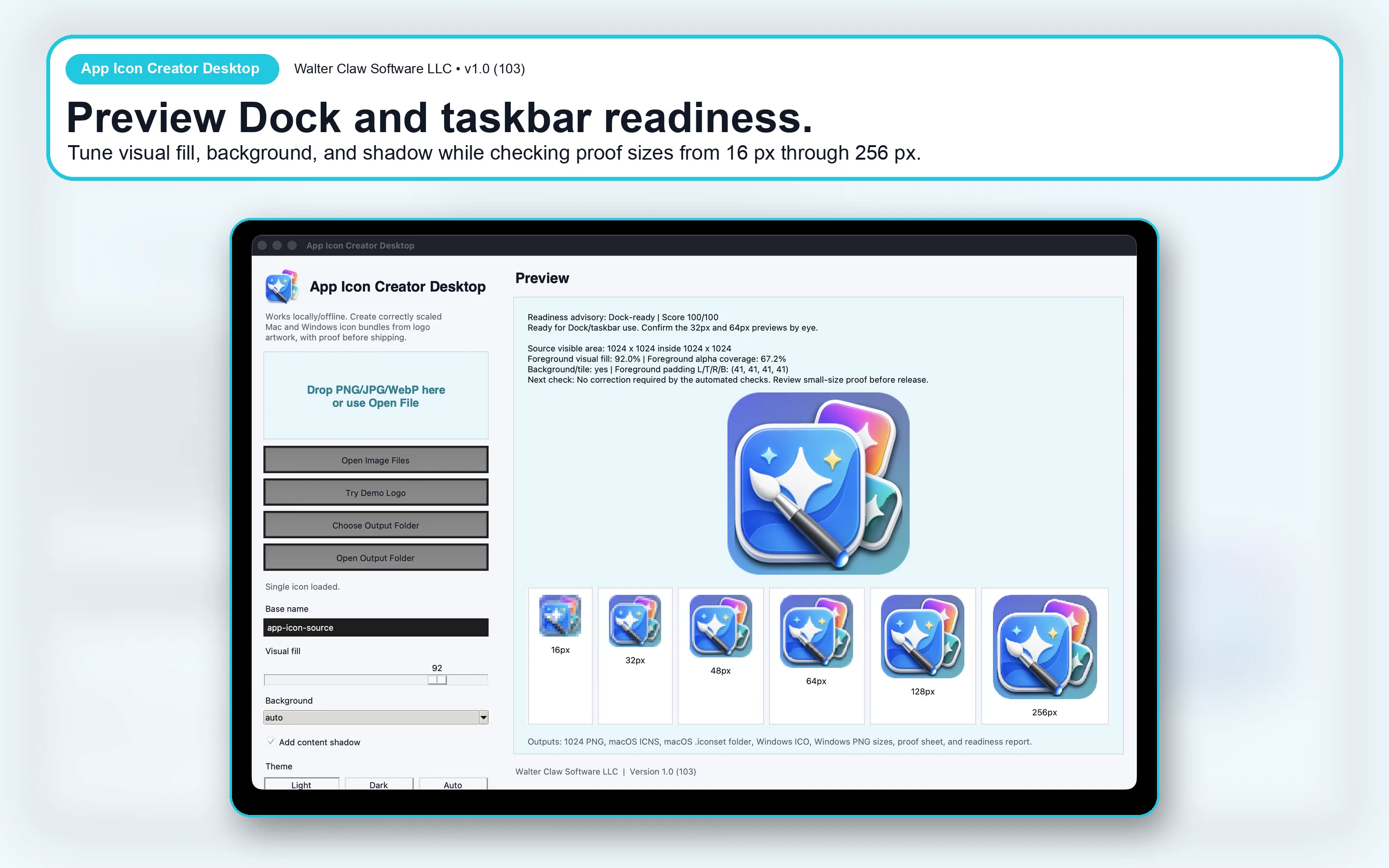 App Icon Creator Desktop preview showing generated icon sizes from 16 px through 256 px.