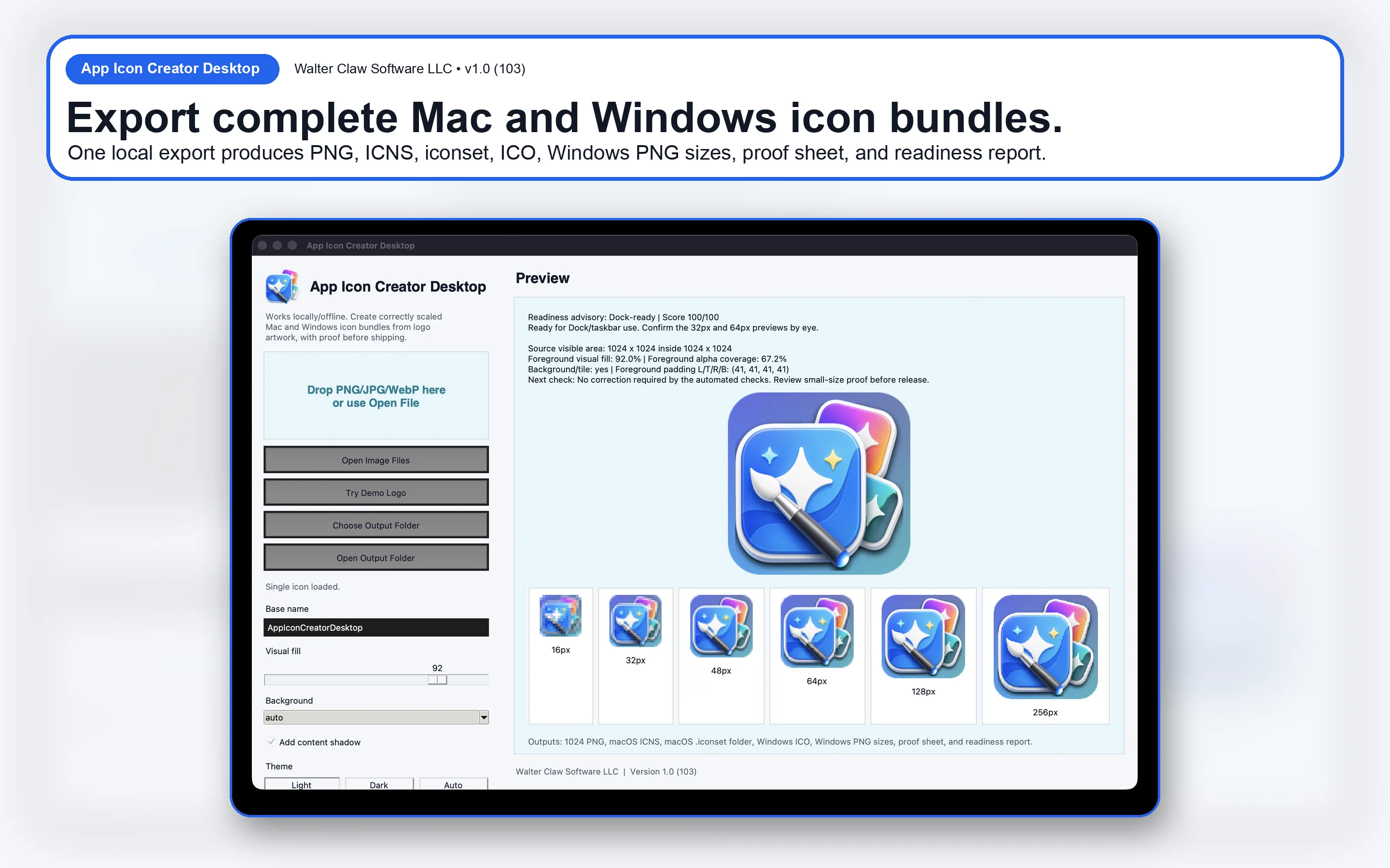 App Icon Creator Desktop export screen showing ICNS, iconset, ICO, PNG sizes, proof sheet, and readiness report output.