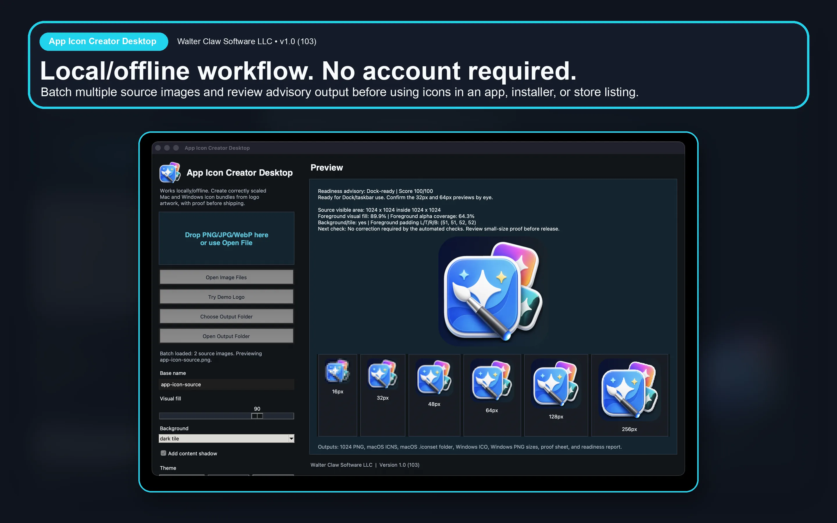 App Icon Creator Desktop dark-mode batch workflow screenshot showing multiple local source images and advisory output.