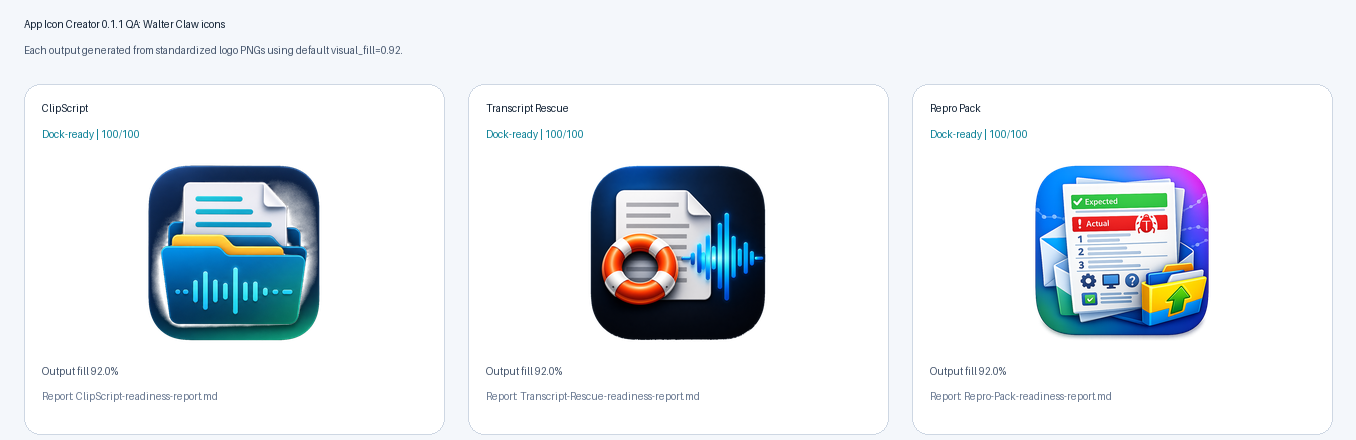 App Icon Creator QA summary showing generated icon outputs and readiness checks.