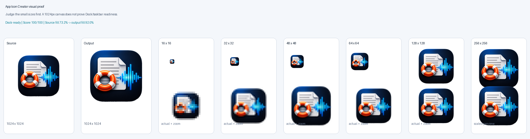 Transcript Rescue icon proof sheet generated by App Icon Creator.