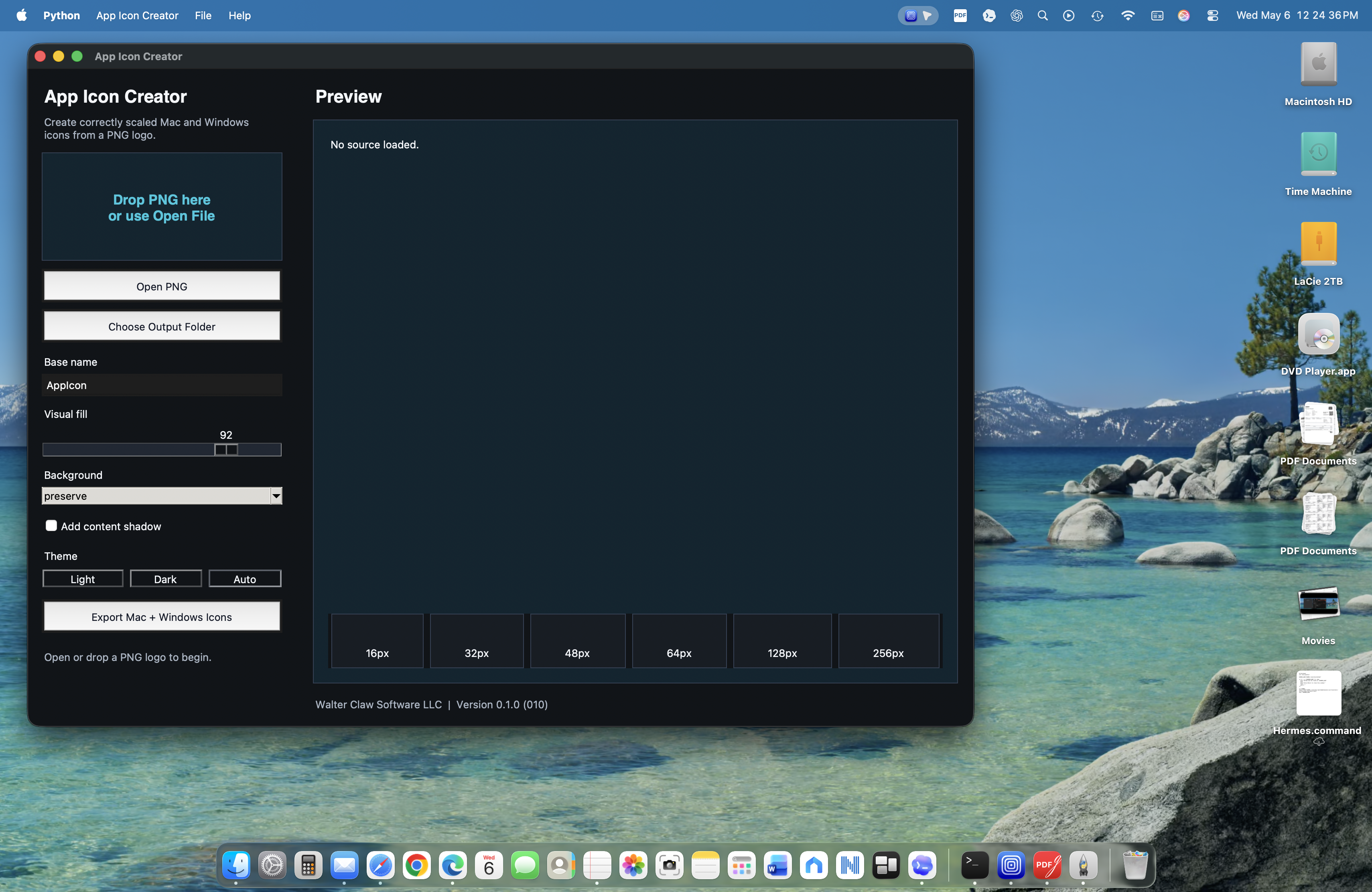 App Icon Creator desktop interface showing source icon loading, generated outputs, proof sheets, and readiness information.