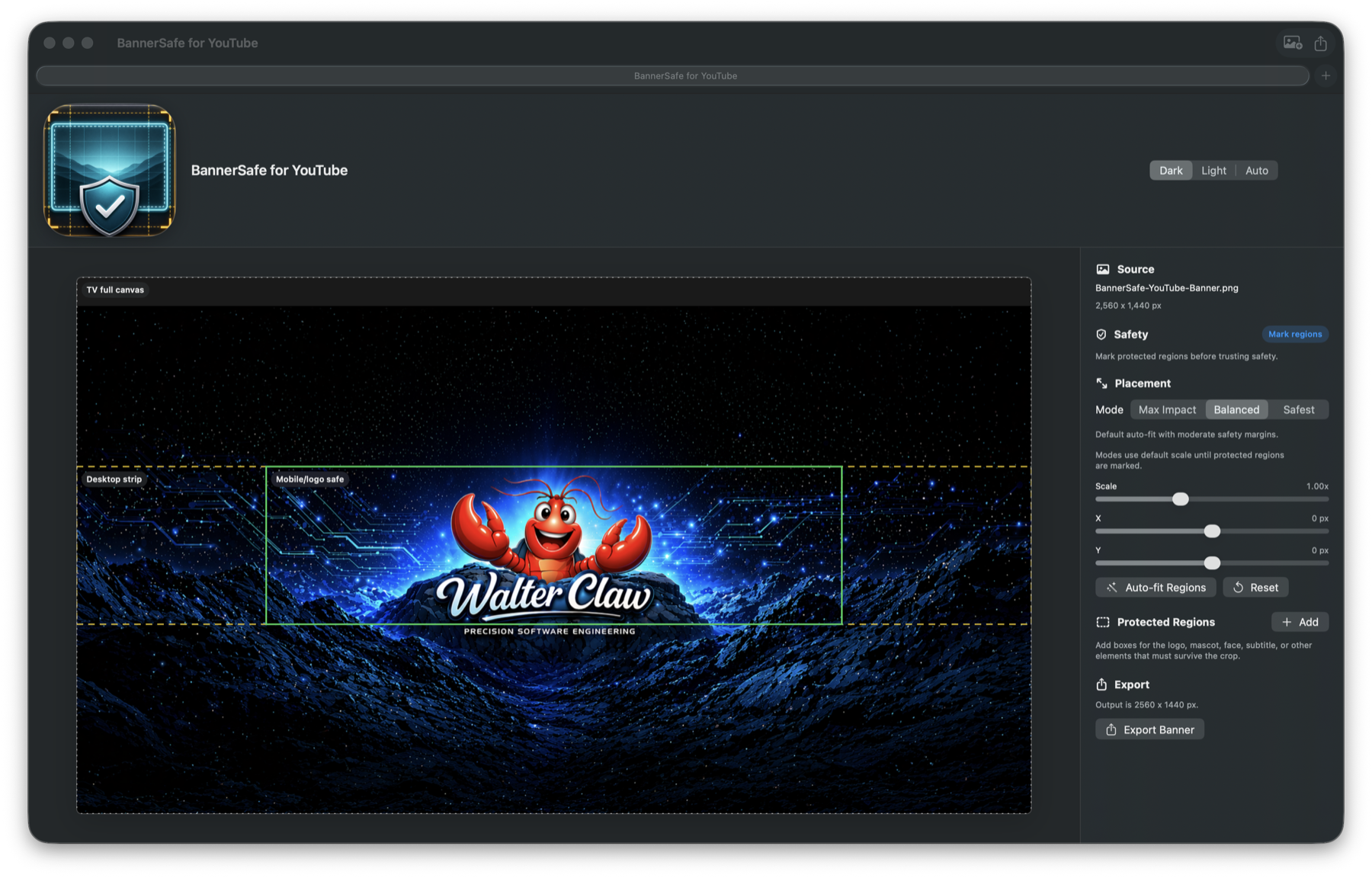 BannerSafe for YouTube in dark mode showing the same loaded banner, crop guides, placement controls, and export controls.