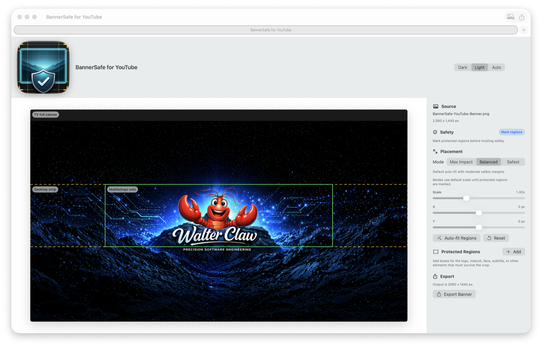 BannerSafe for YouTube in light mode showing a loaded banner with YouTube crop guides and placement controls.
