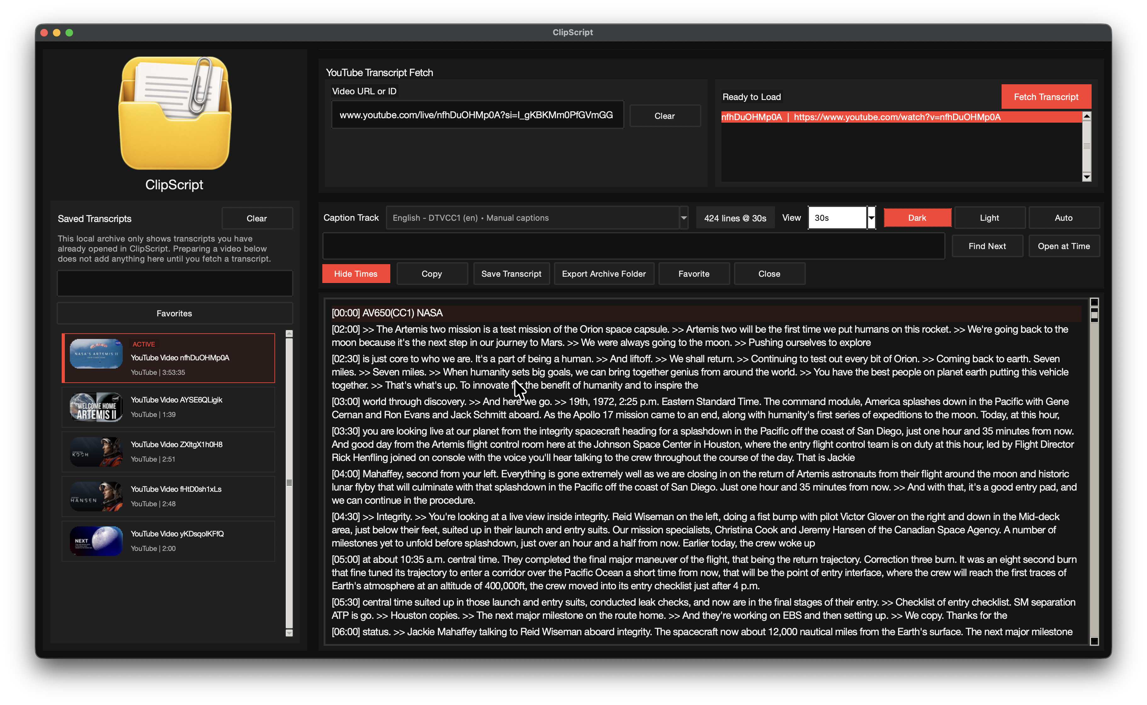 ClipScript in dark mode showing transcript reading, the fetch workflow, and local transcript history.