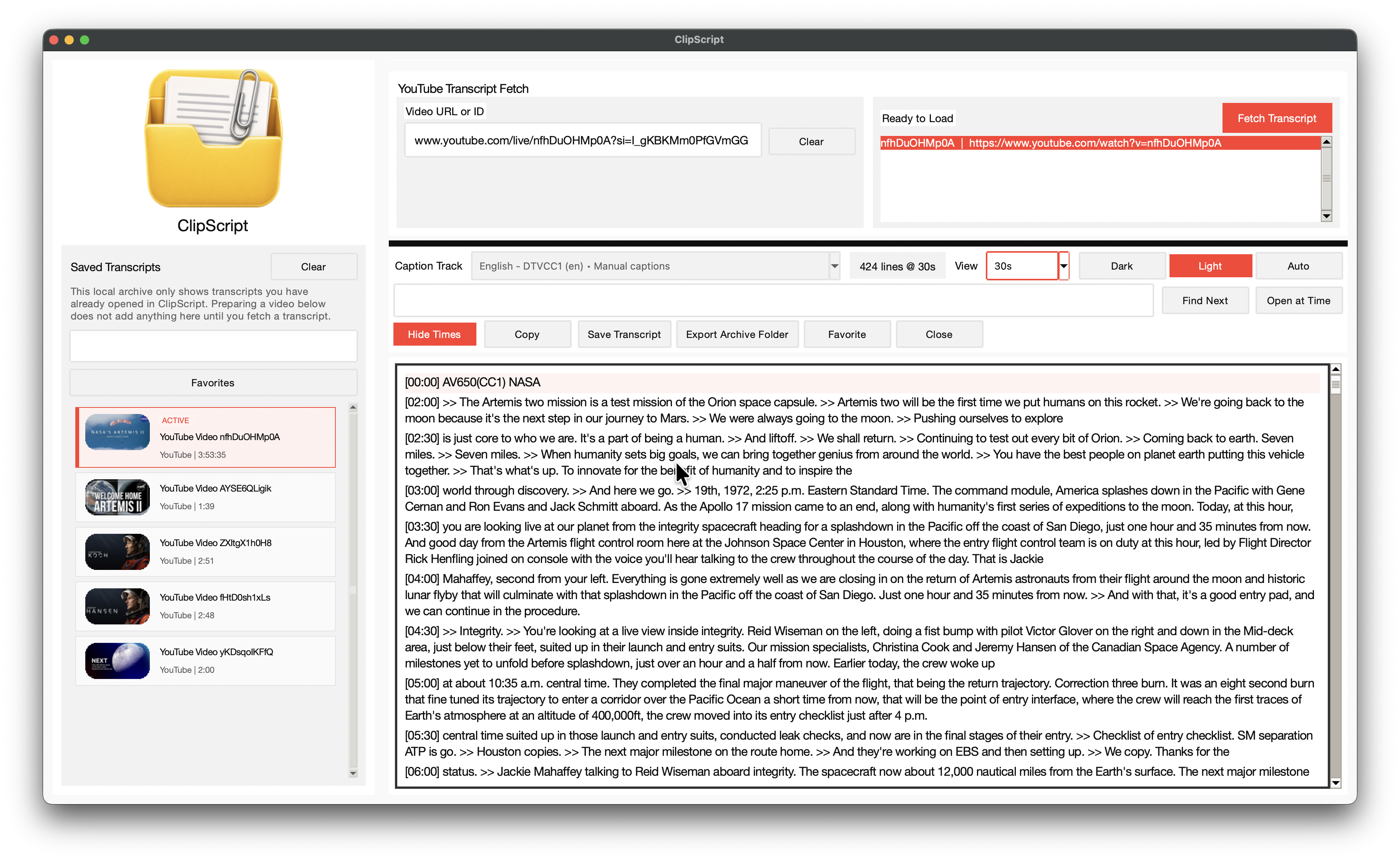 ClipScript workspace showing the fetch area, saved transcripts, and the reading view.