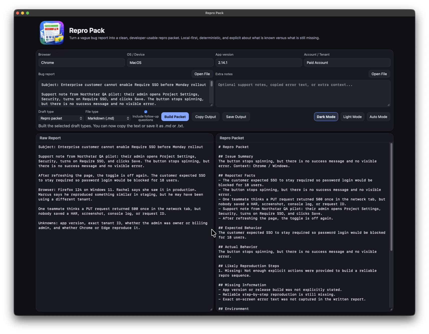Repro Pack in dark mode showing report fields, draft type controls, raw report text, and a GitHub issue draft.