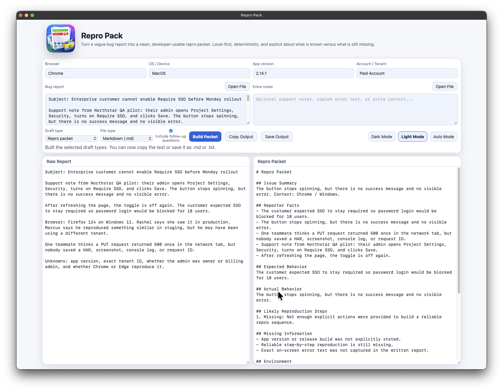 Repro Pack in light mode showing the same bug report cleanup workflow with raw report text and GitHub issue draft output.