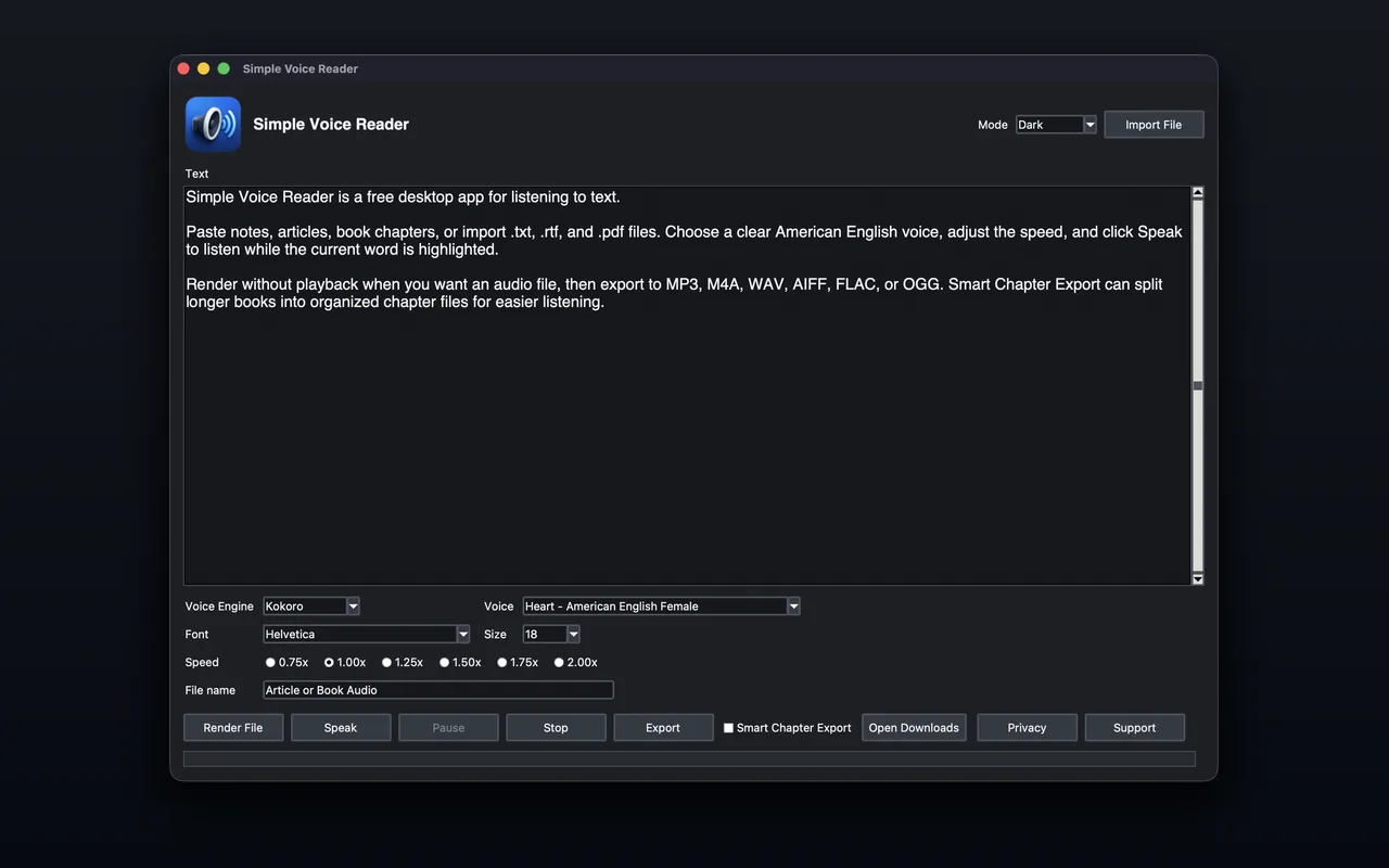 Simple Voice Reader dark mode showing the same text-to-speech workflow with dark appearance selected.