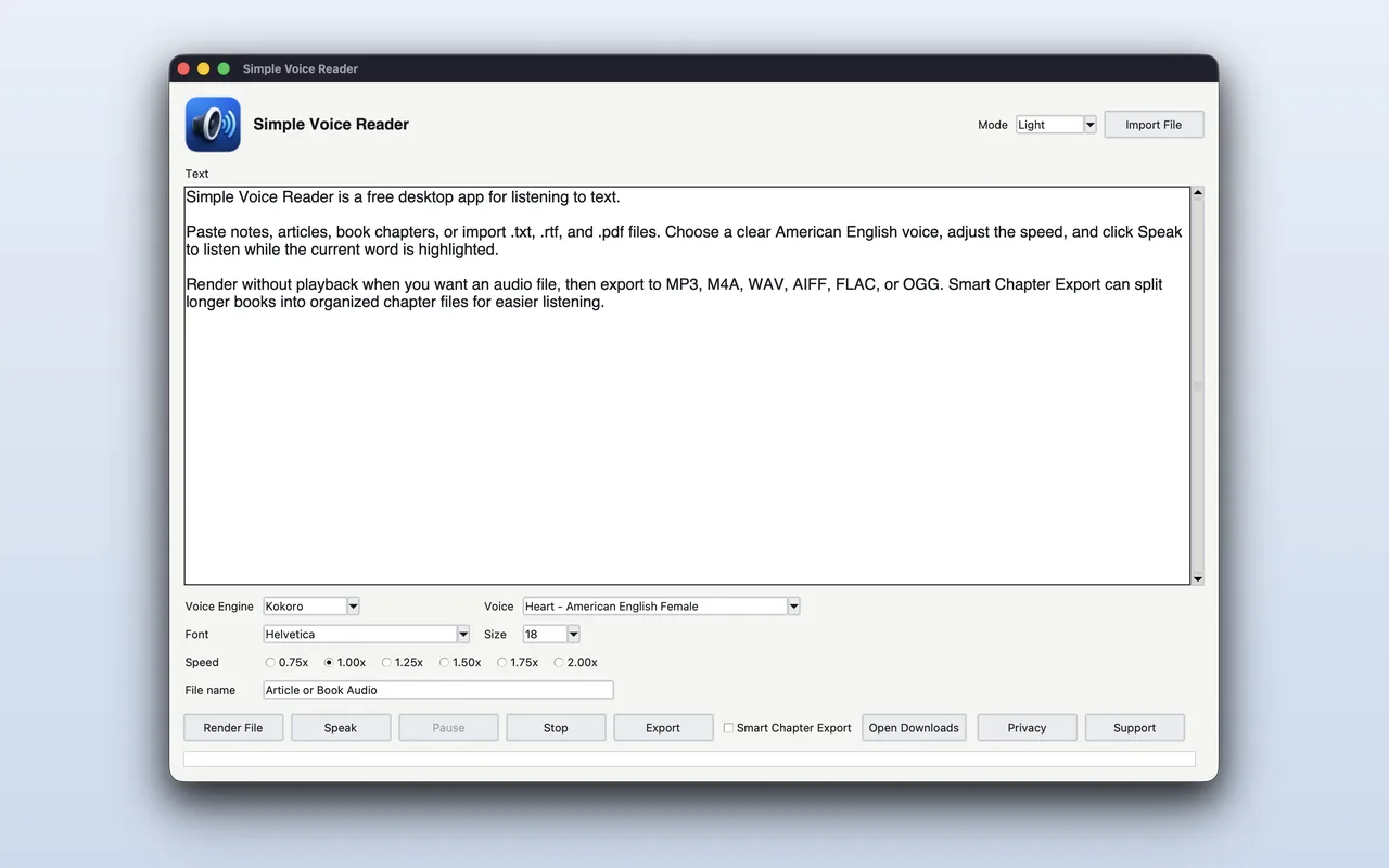 Simple Voice Reader light mode showing text, voice controls, speed selection, import, export, and speech controls.