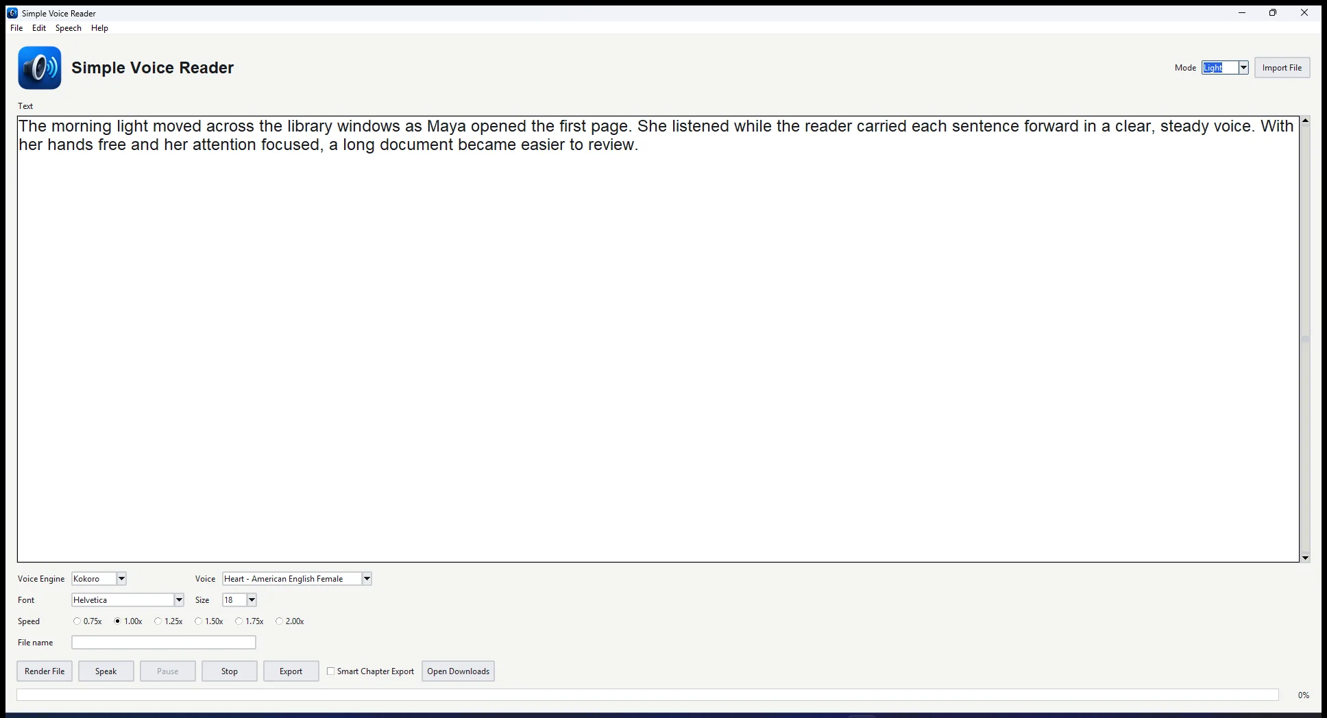 Simple Voice Reader on Windows showing text, Kokoro Heart, import, speech, export, Smart Chapter Export, and progress controls.