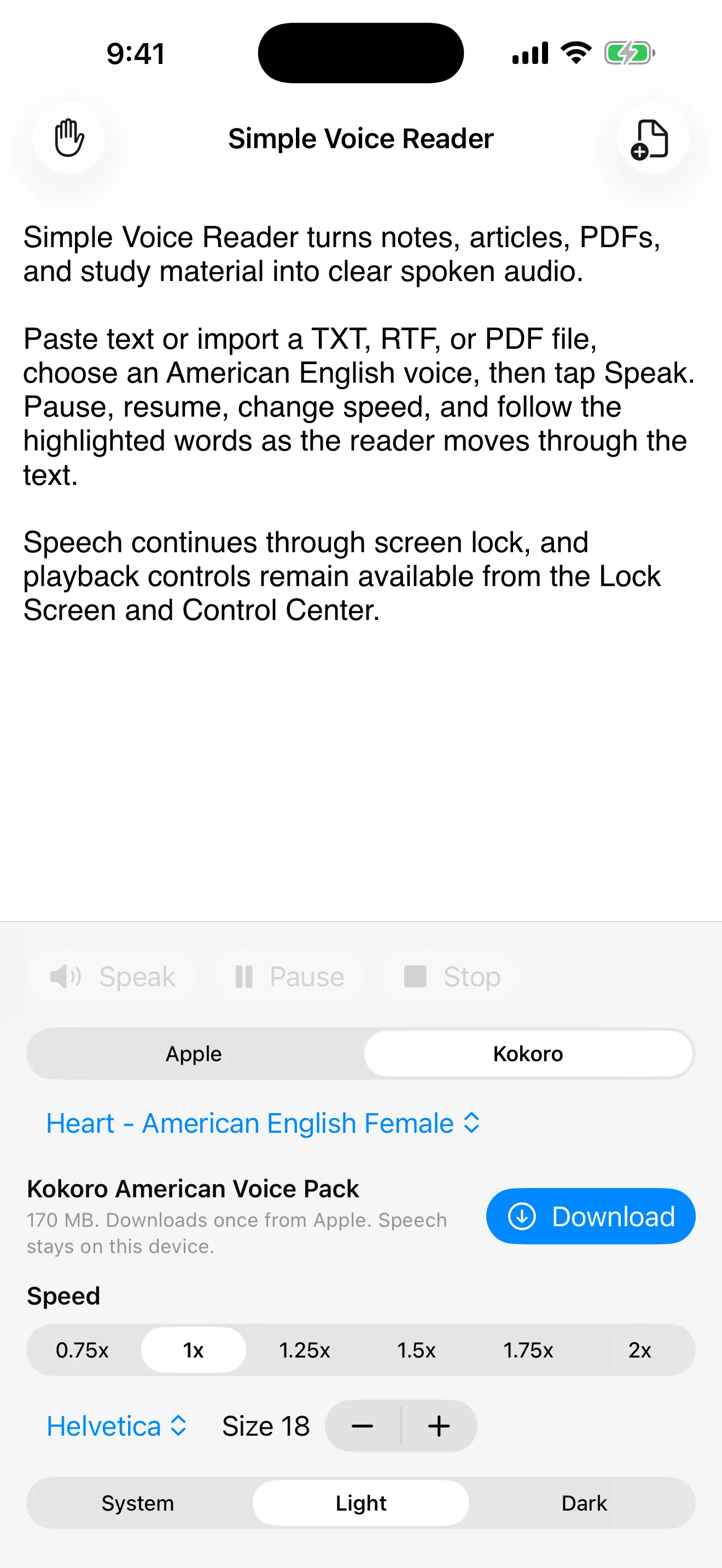 Simple Voice Reader on iPhone showing the reading workspace, Apple and Kokoro selectors, voice pack control, speed, font, and appearance settings.
