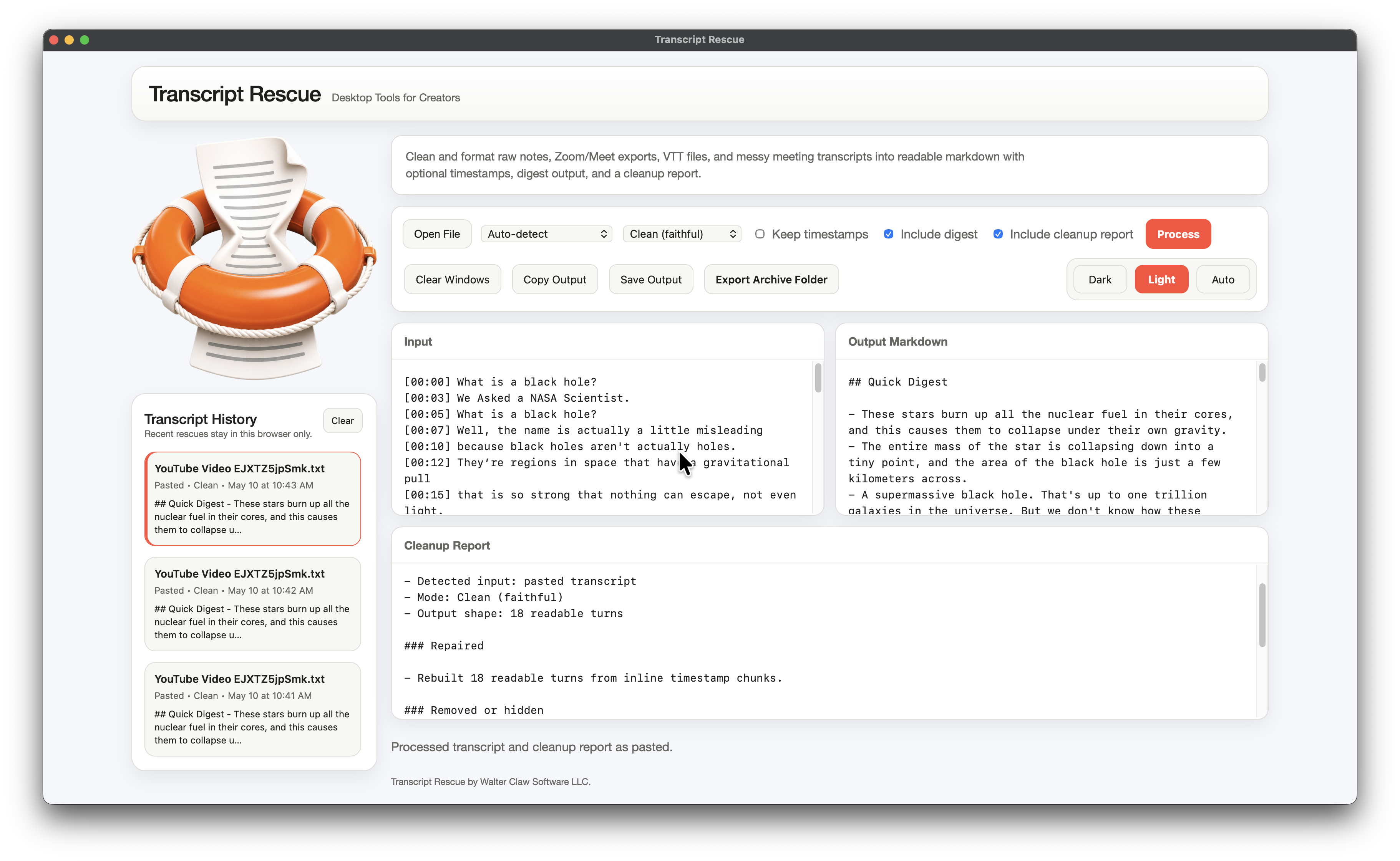 Transcript Rescue in light mode showing transcript input, cleaned output, cleanup report, and transcript history.