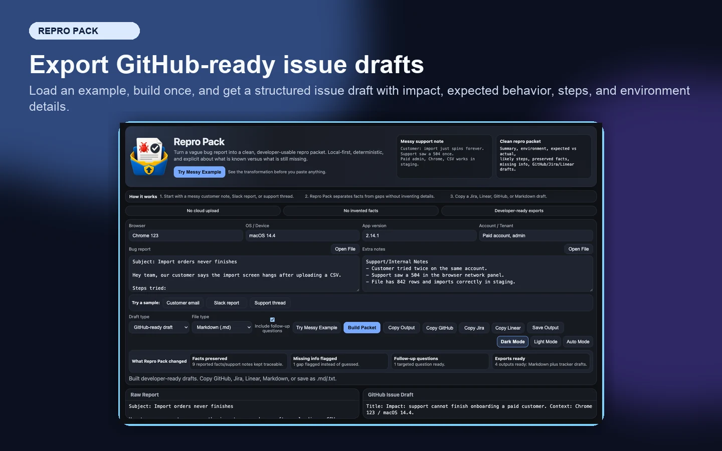 Repro Pack GitHub-ready issue draft screenshot.