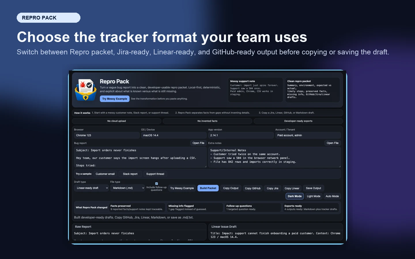 Repro Pack tracker format screenshot showing Jira, Linear, and GitHub options.