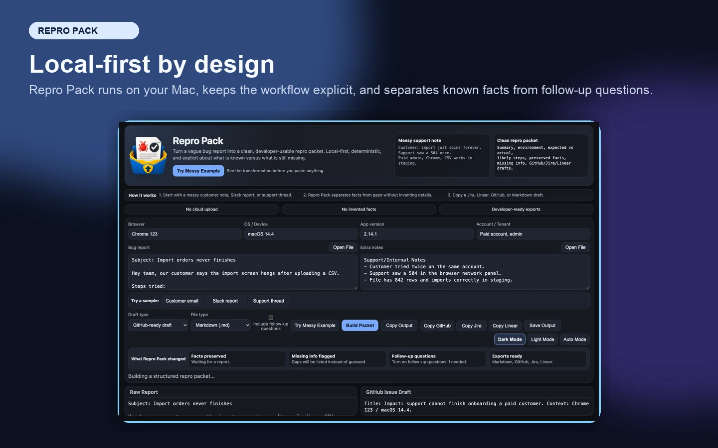 Repro Pack local-first privacy reassurance screenshot.